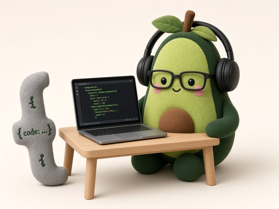 Avo the Developer at a small desk with a laptop and a curly-brace pillow.