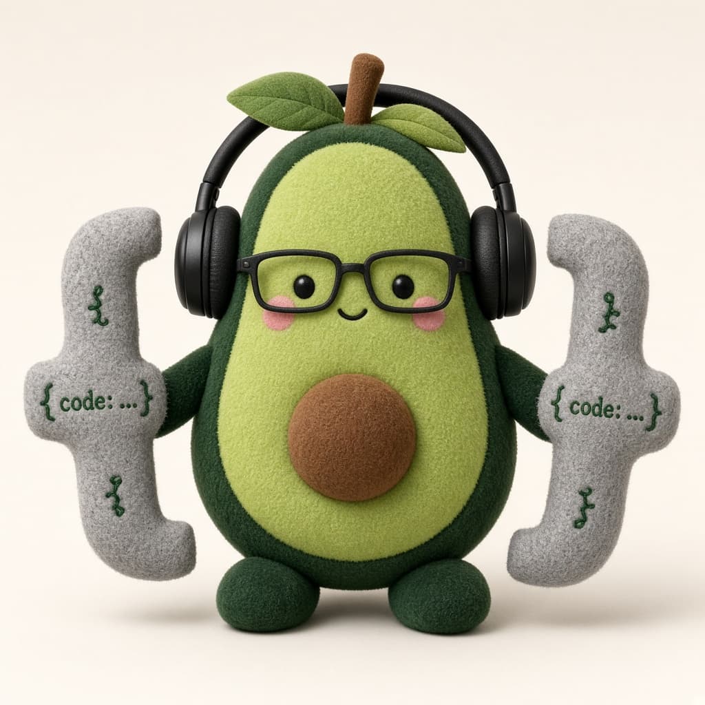 Avo the Developer, a plush avocado in glasses and headphones, holding curly-brace pillows.