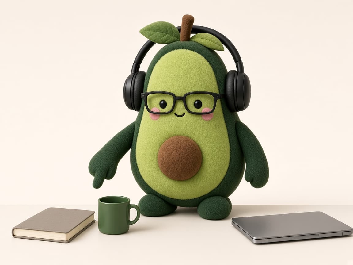 Avo the Developer pointing between a notebook, a mug, and a laptop.