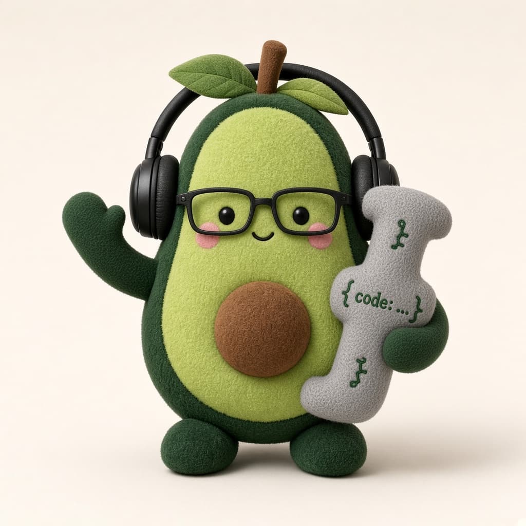 Avo the Developer waving, holding a curly-brace pillow.